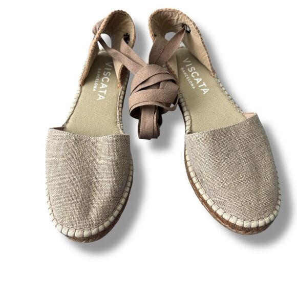 Viscata Candell Beige Linen Espadrille Flats Lace Up Size 41 US 10 - Picture 2 of 11
